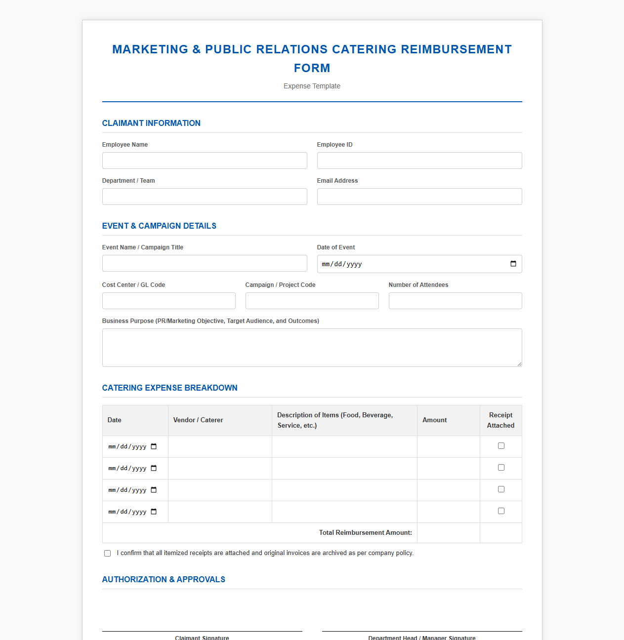 Marketing and Public Relations Catering Reimbursement Form