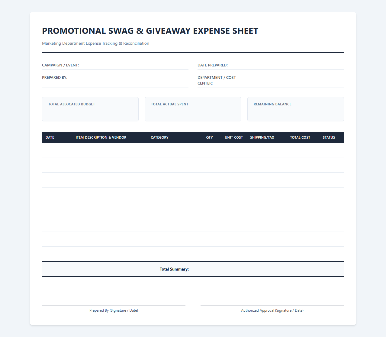 Marketing Swag and Giveaway Expense Sheet