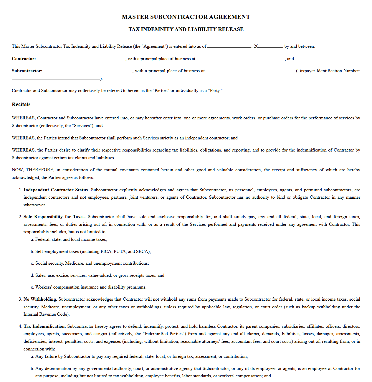 Master Subcontractor Tax Indemnity and Liability Release