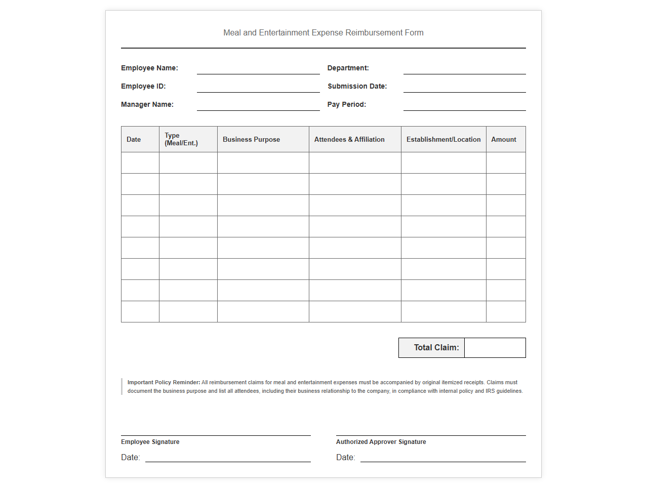 Meal and Entertainment Expense Reimbursement Form