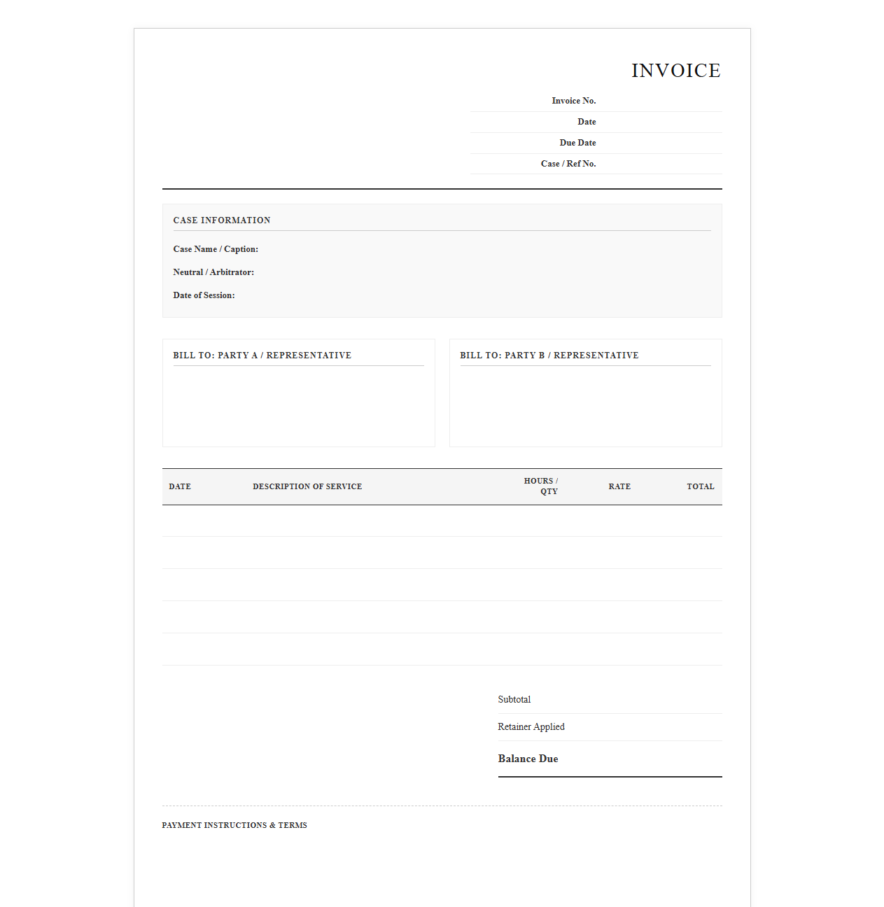 Mediation and Arbitration Service Invoice