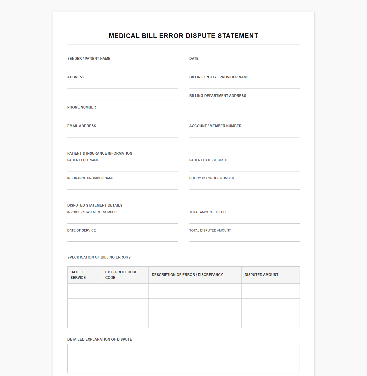 Medical Bill Error Dispute Statement