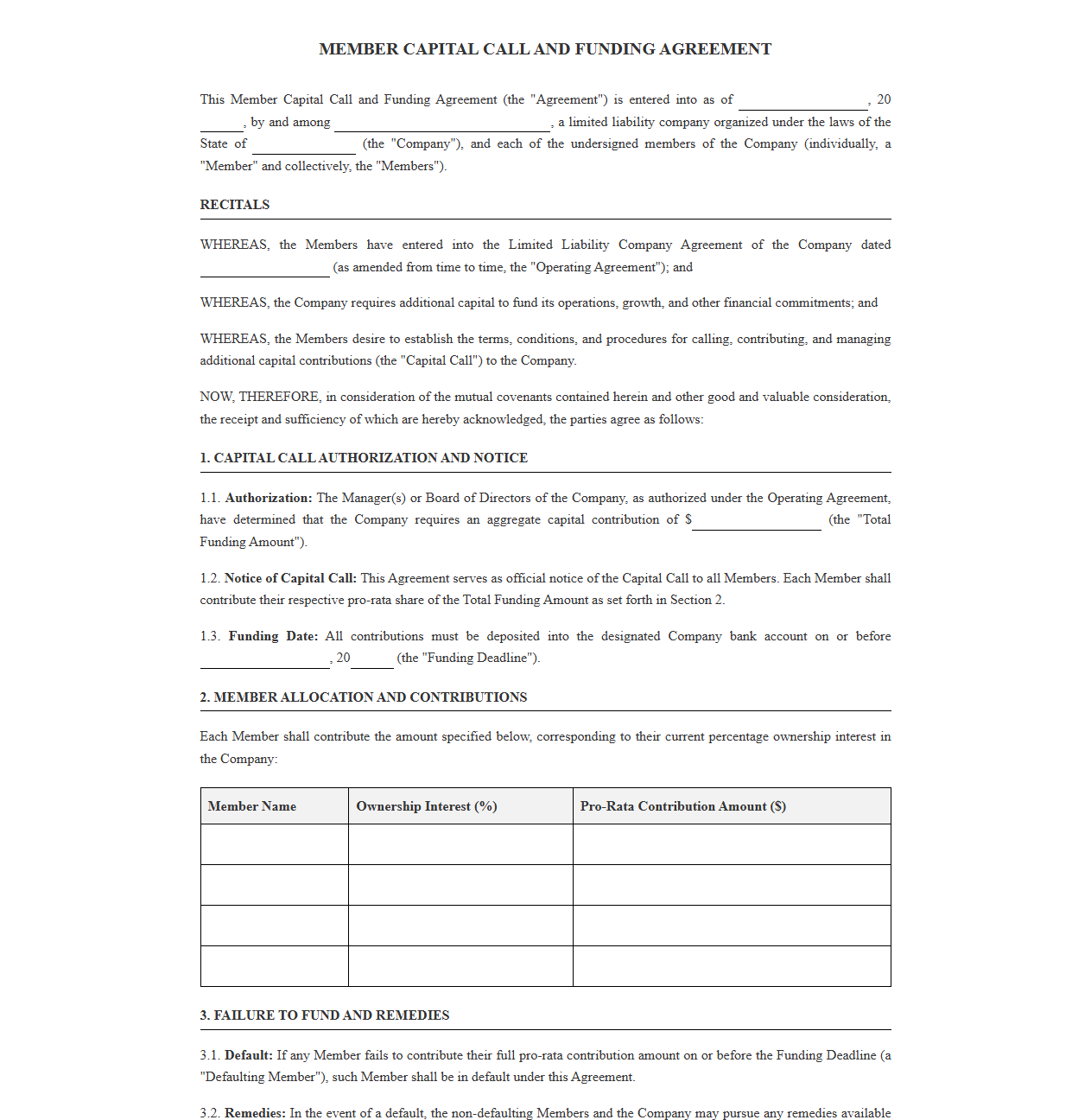 Member Capital Call and Funding Agreement Template