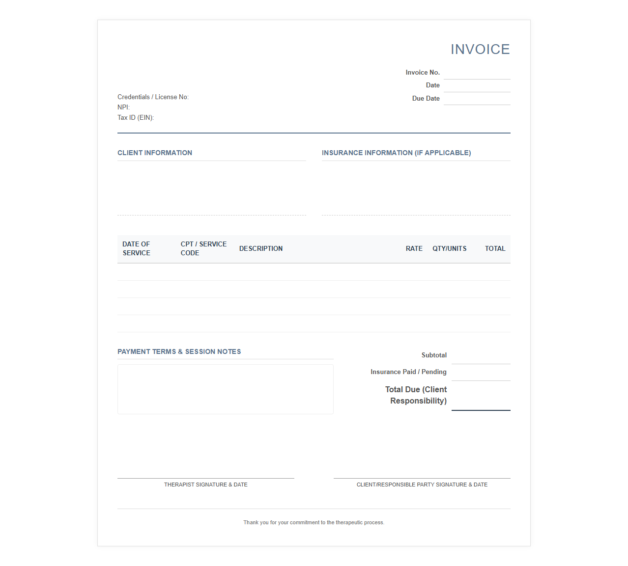 Mental Health Counseling Session Invoice