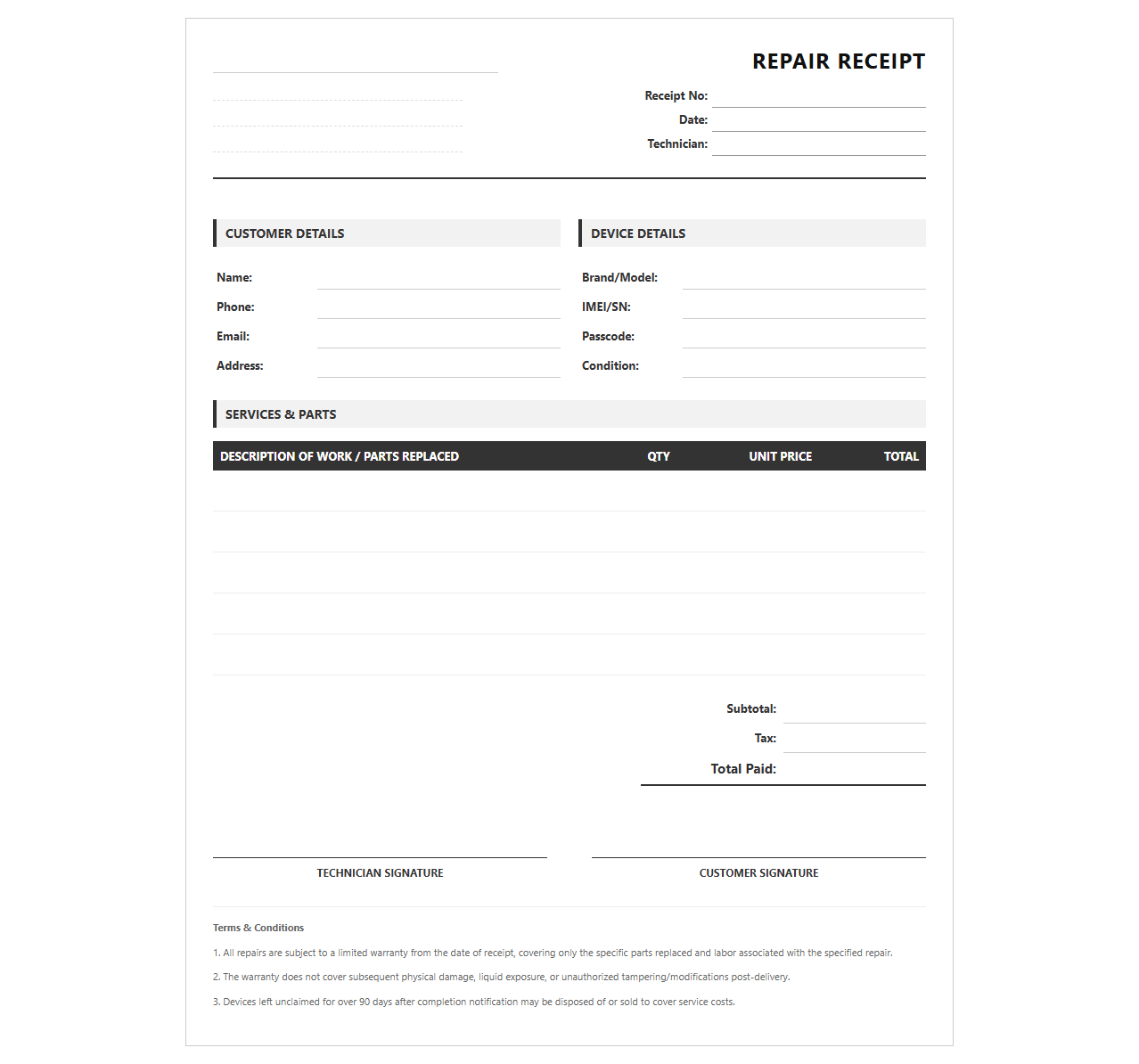Mobile Phone Repair Service Receipt Template