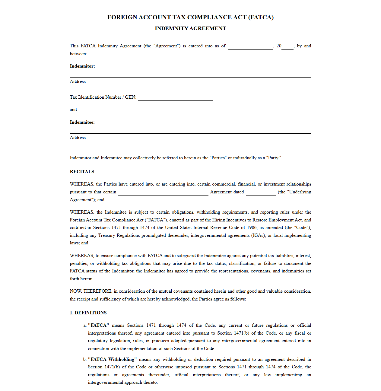 Model Foreign Account Tax Compliance Act Indemnity Contract