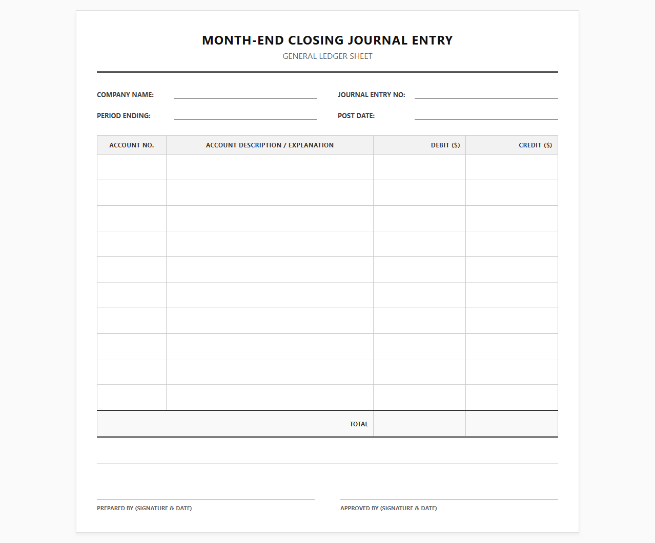 Month-End Closing Journal Entry Ledger Sheet