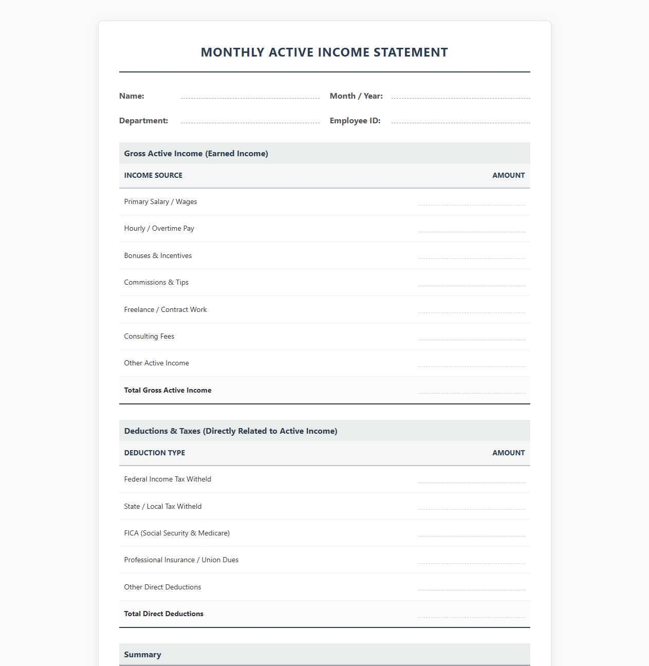 Monthly Active Income Statement Layout