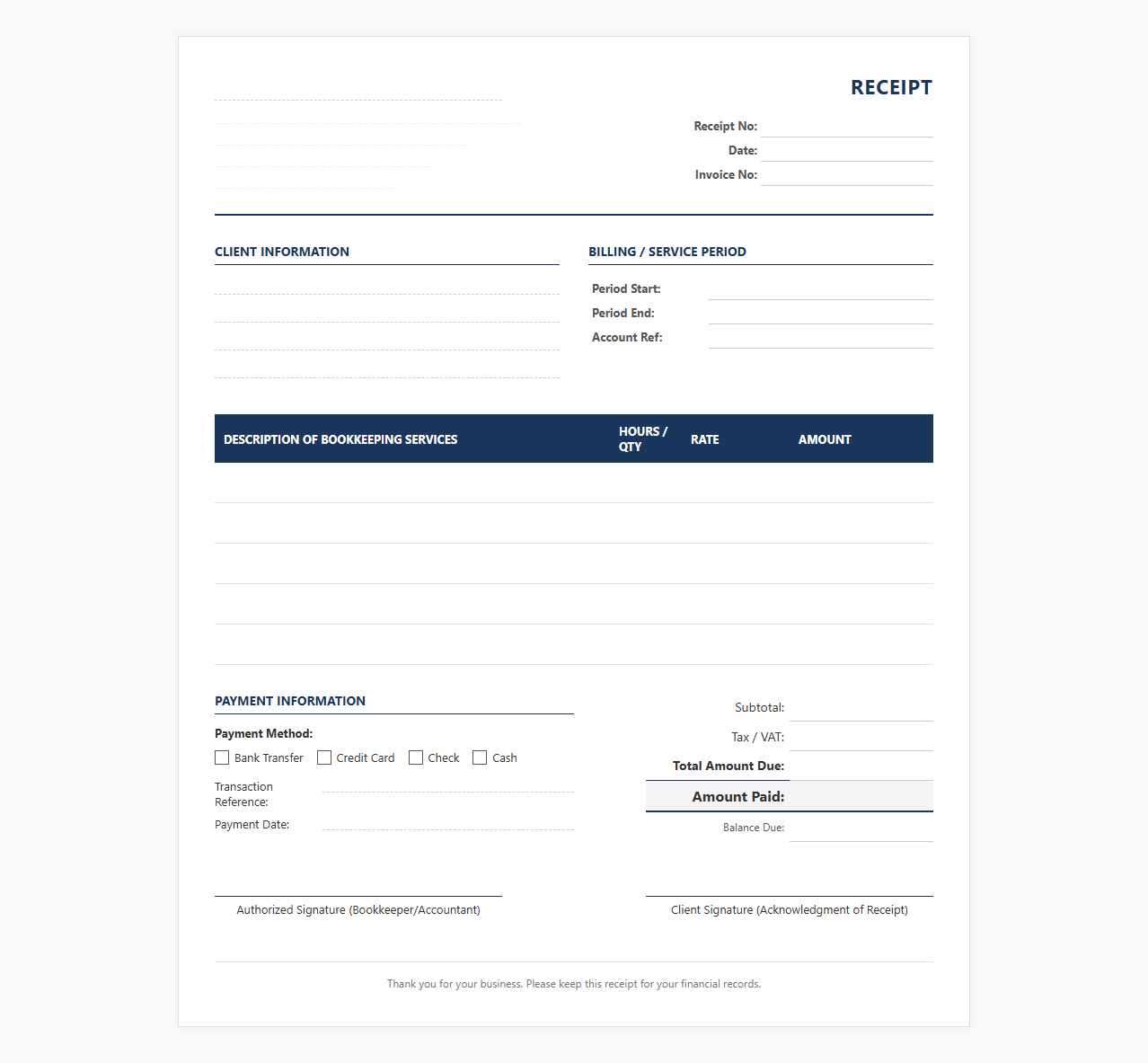 Monthly Bookkeeping Services Invoice Receipt