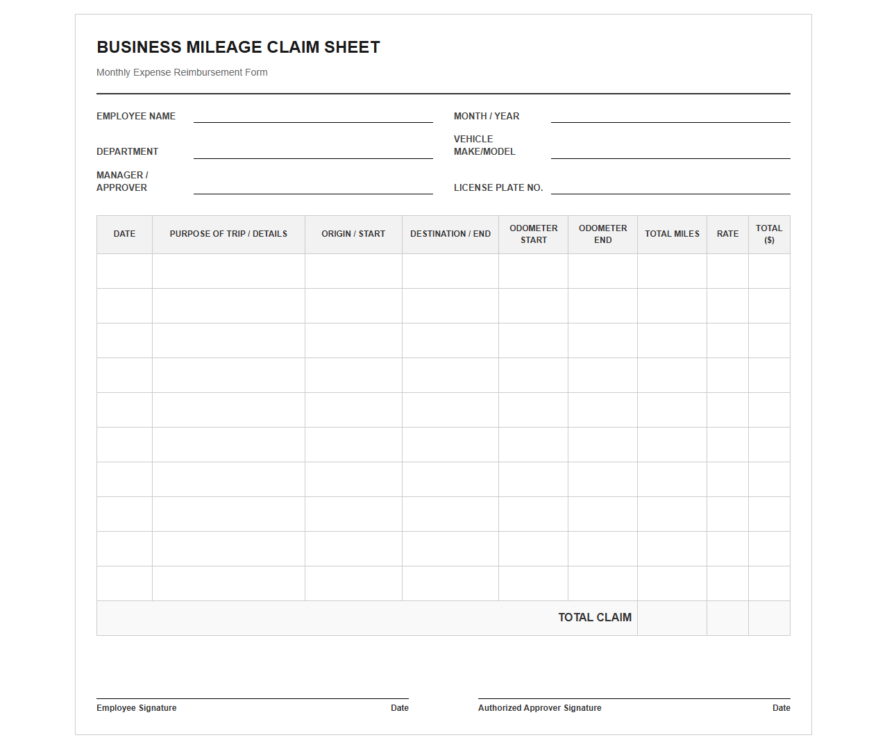 Monthly Business Mileage Expense Claim Sheet