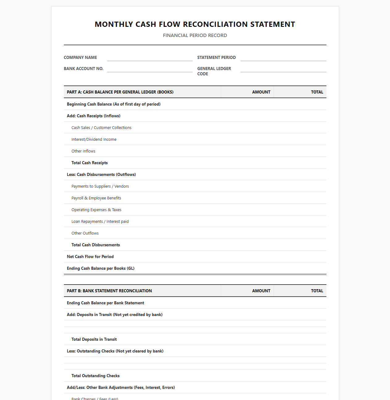 Monthly Cash Flow Reconciliation Statement Sheet