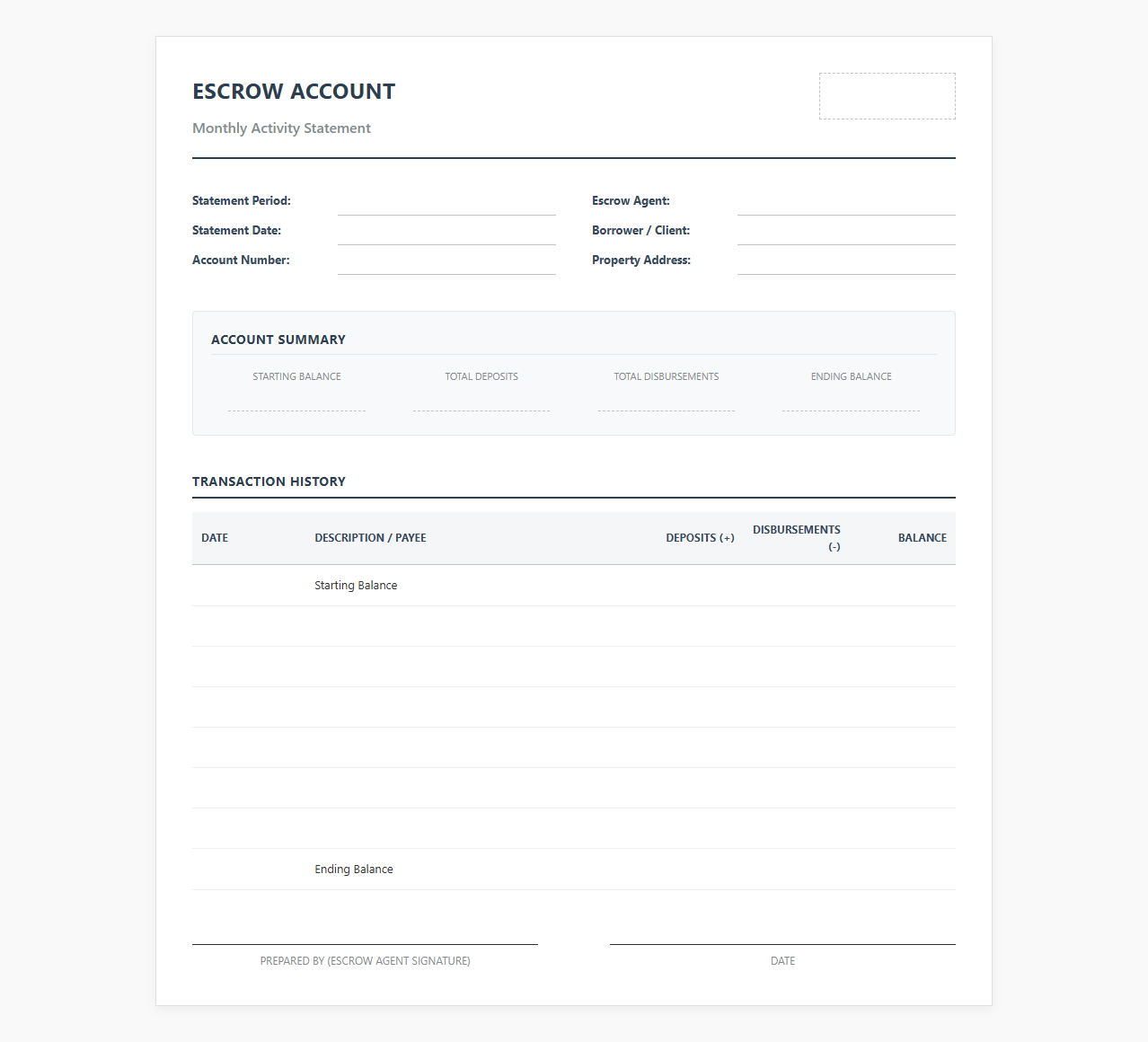 Monthly Escrow Account Activity Statement