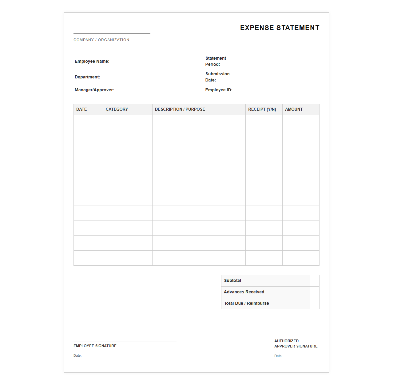 Monthly Expense Account Statement Form