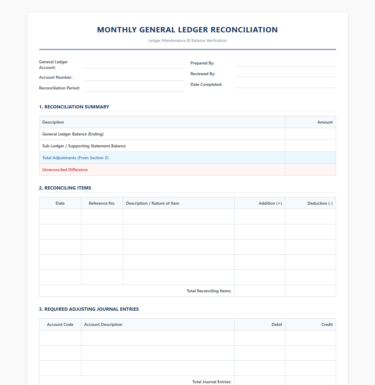 Monthly General Ledger Reconciliation Template