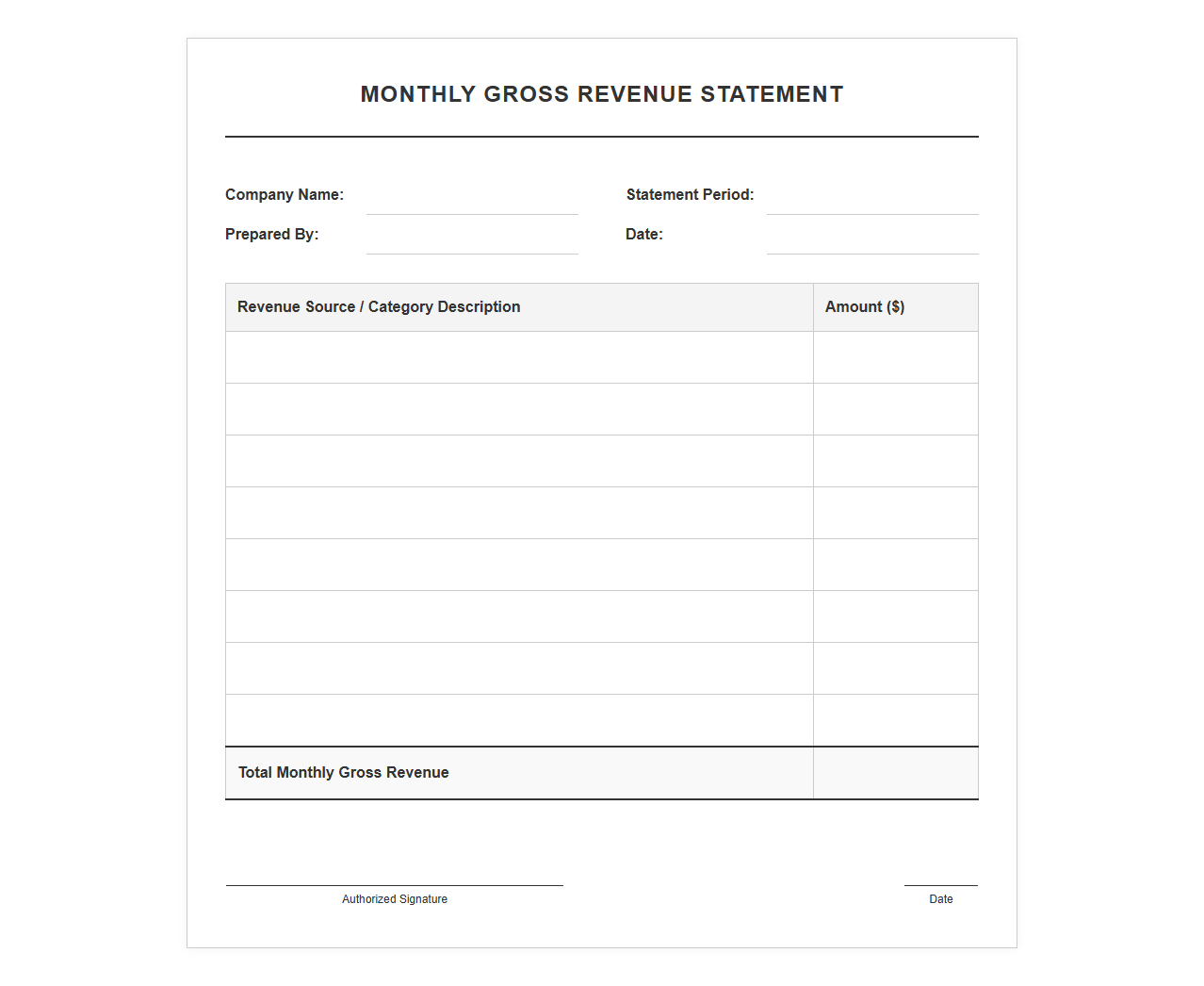 Monthly Gross Revenue Statement Template