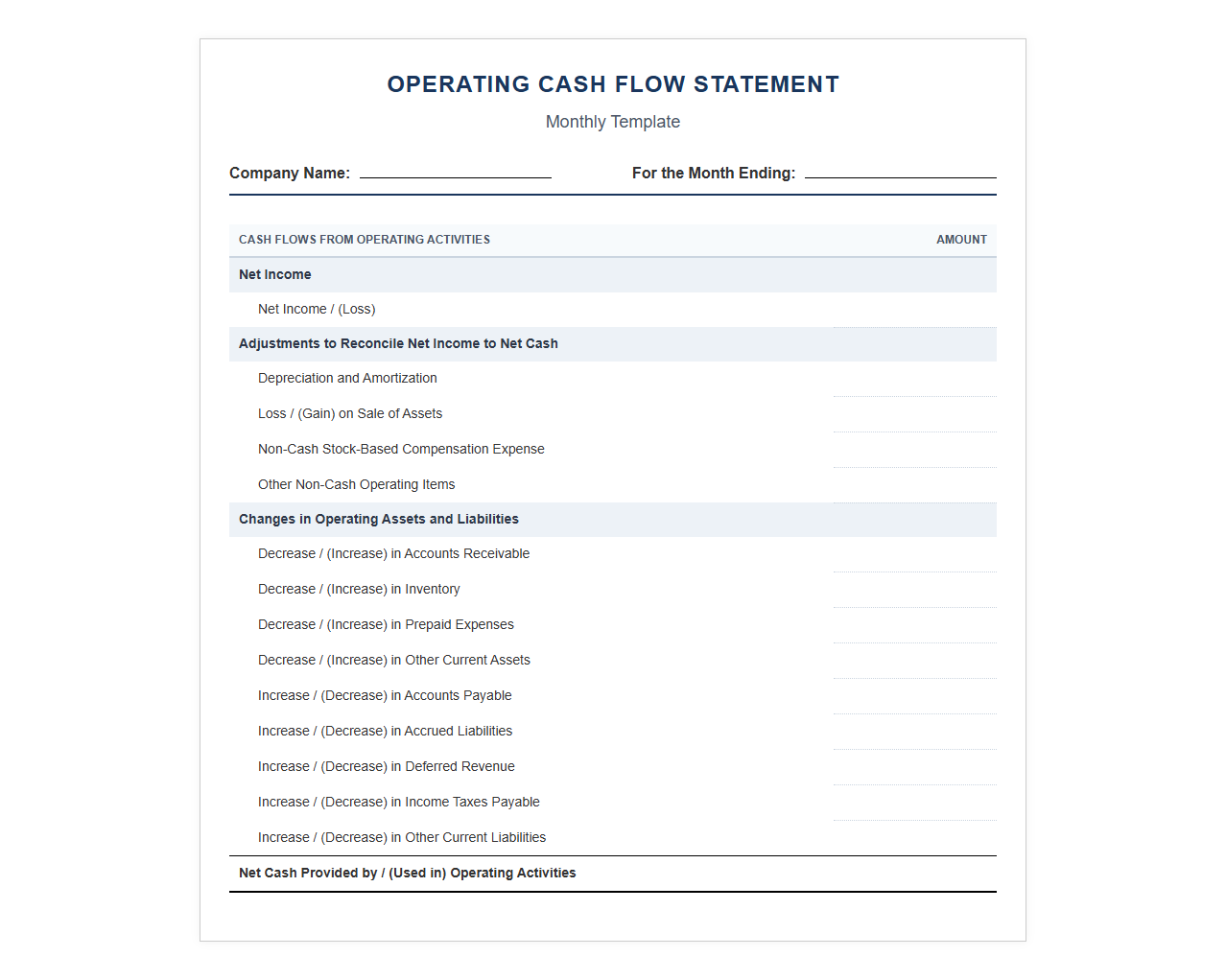 Monthly Operating Cash Flow Statement Template