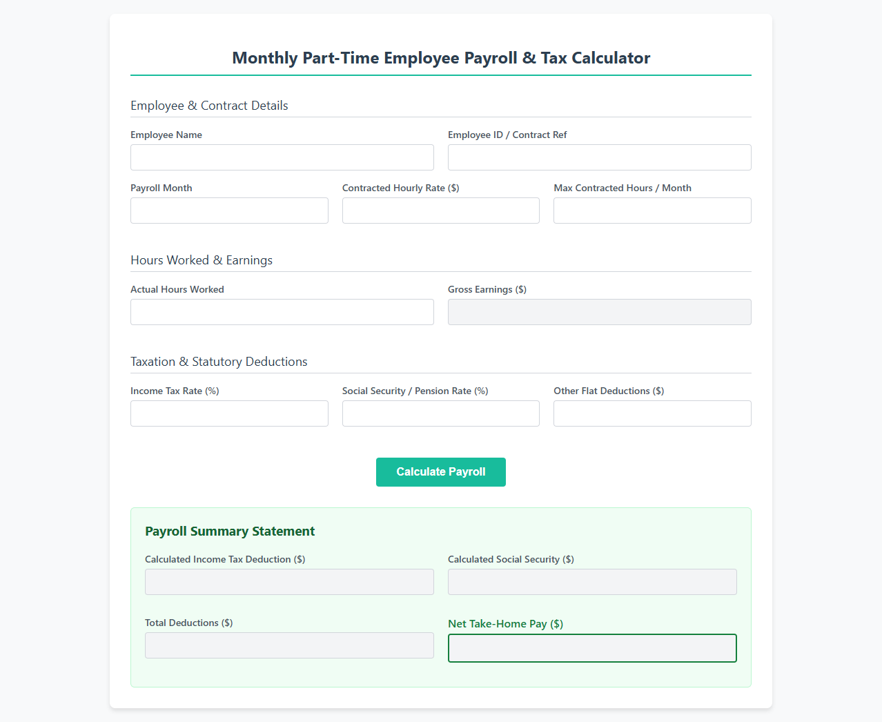 Monthly Part-Time Employee Payroll and Tax Calculator