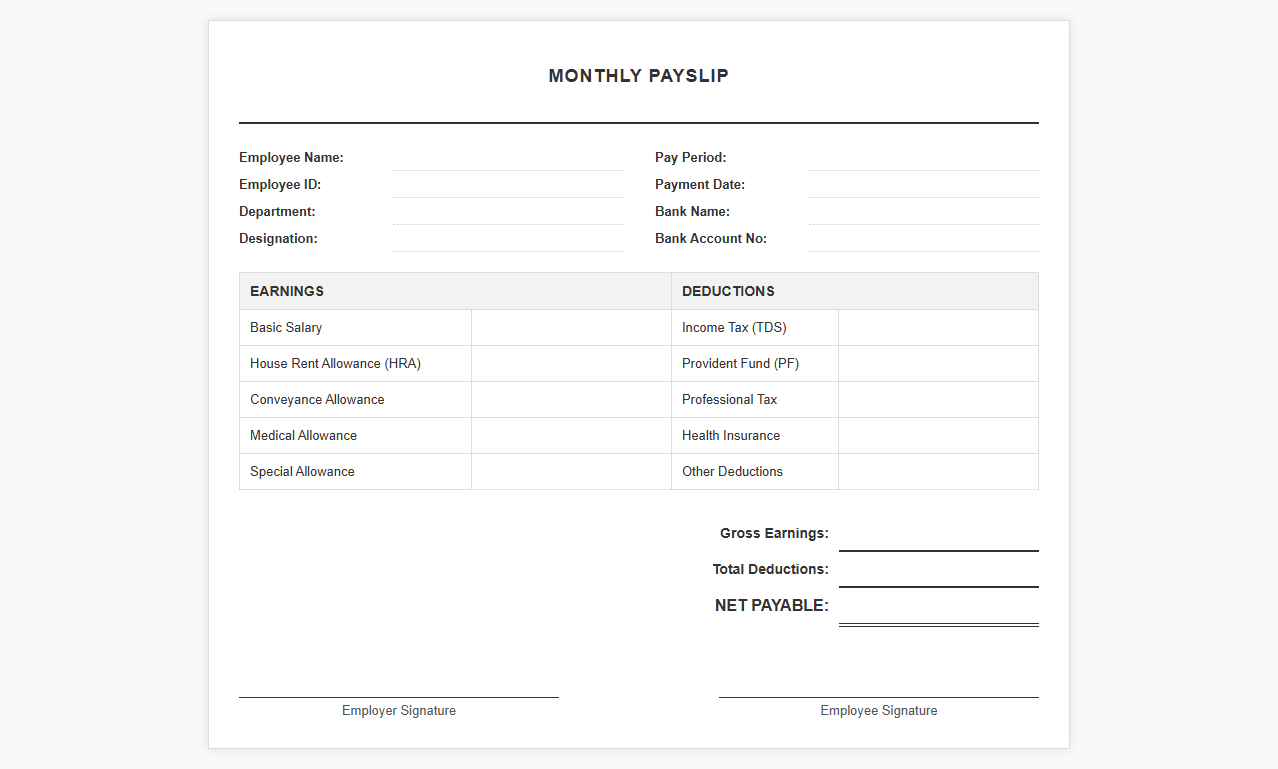 Monthly Payroll Template for Permanent Employees