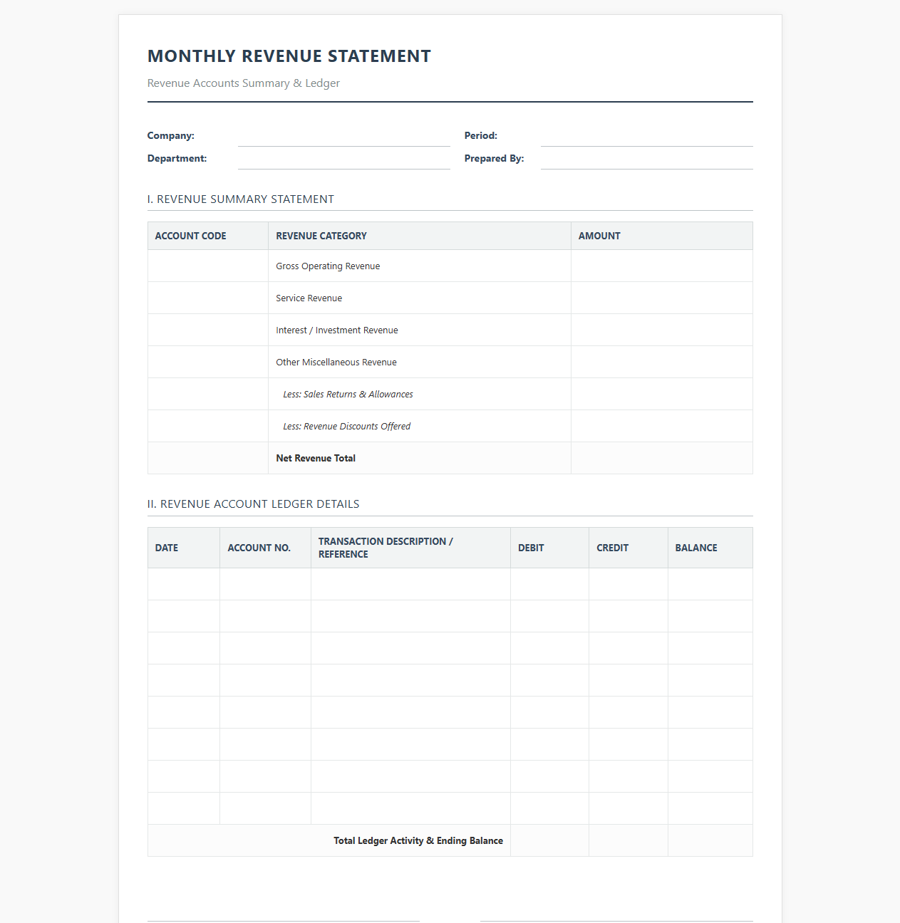 Monthly Revenue Statement and Ledger Template