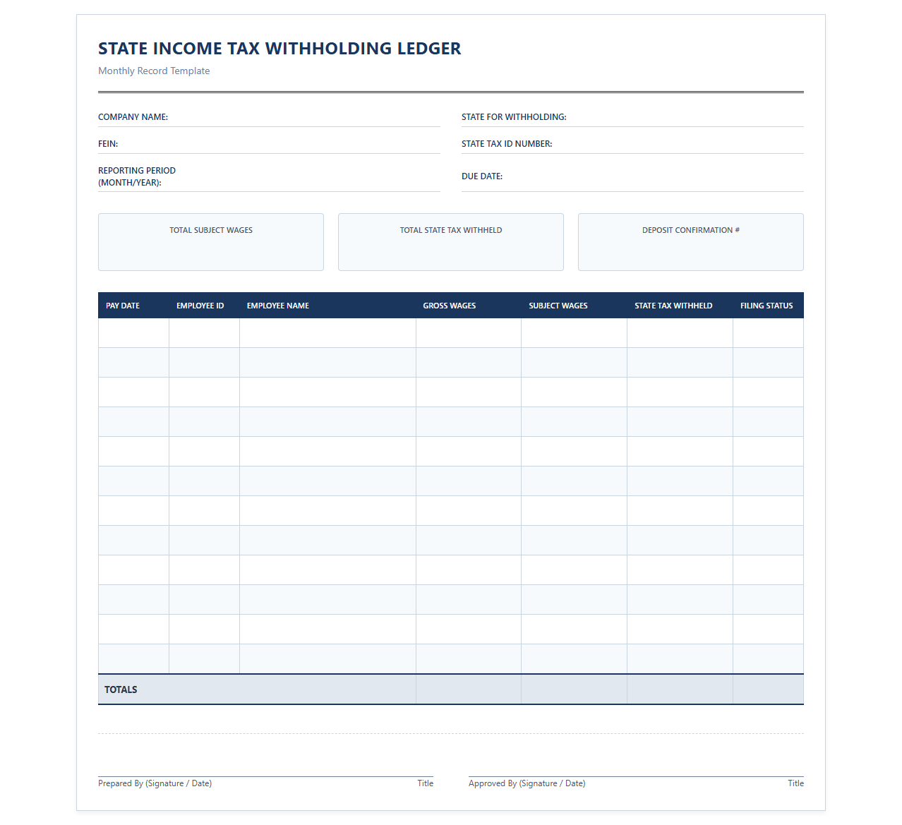 Monthly State Tax Withholding Ledger Template