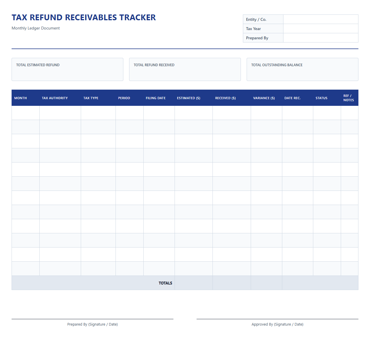 Monthly Tax Refund Receivables Tracker