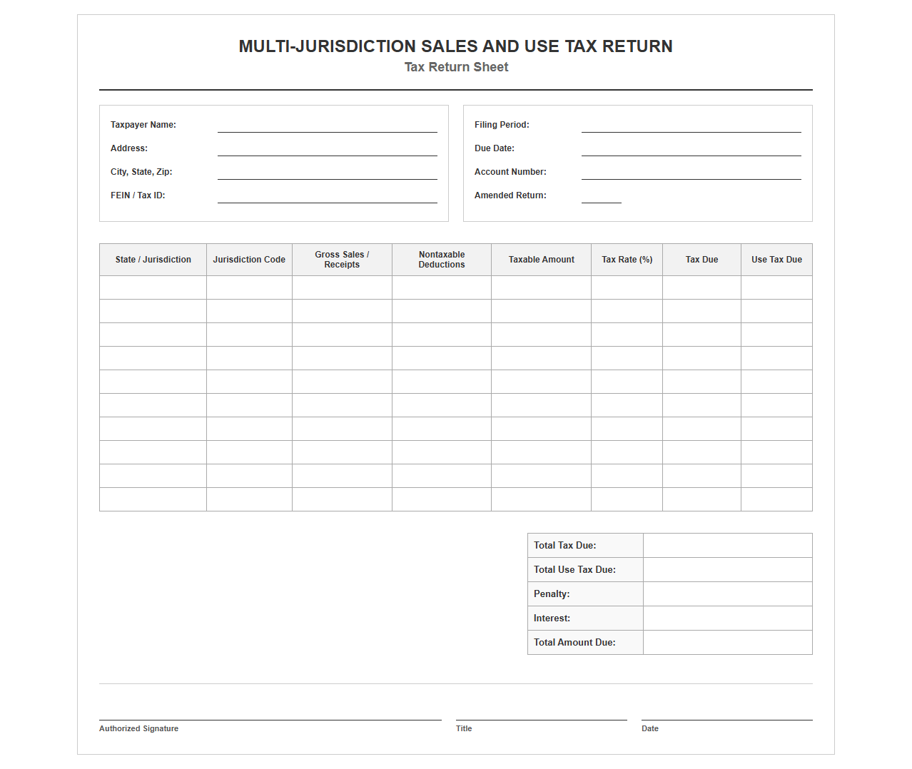 Multi-Jurisdiction Sales and Use Tax Return Sheet