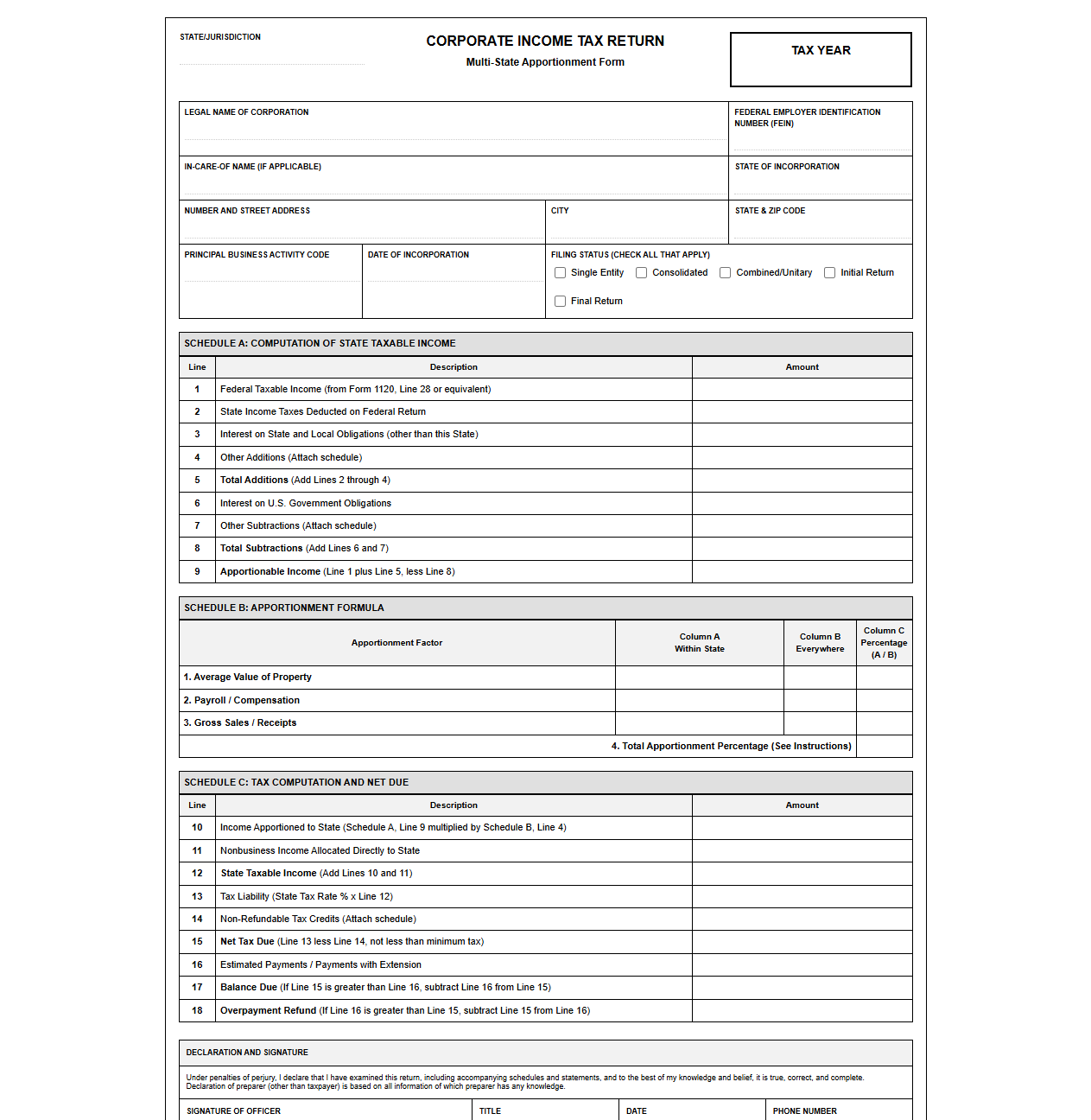 Multi-State Corporate Income Tax Return Form