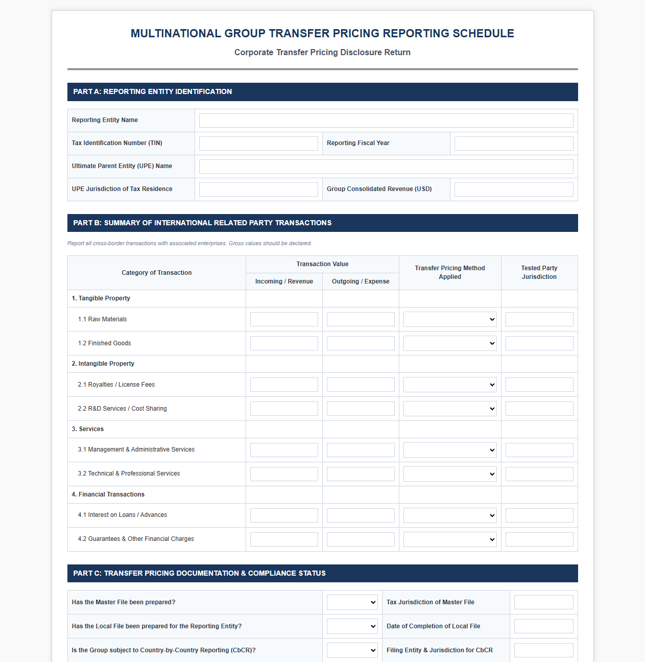 Multinational Group Transfer Pricing Reporting Schedule