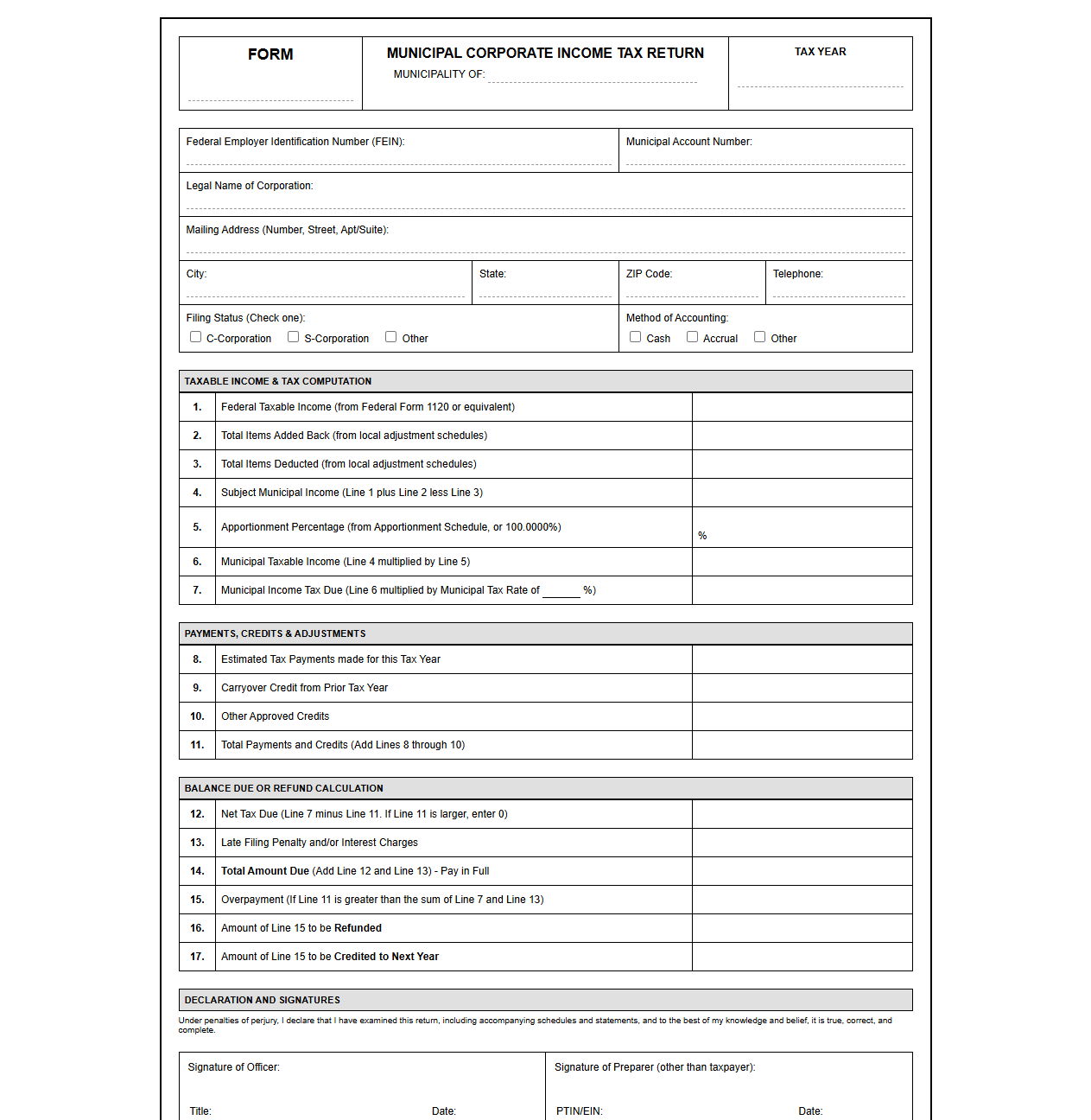 Municipal Corporate Income Tax Return Template