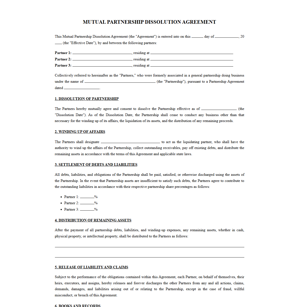 Mutual Partnership Dissolution Agreement Form