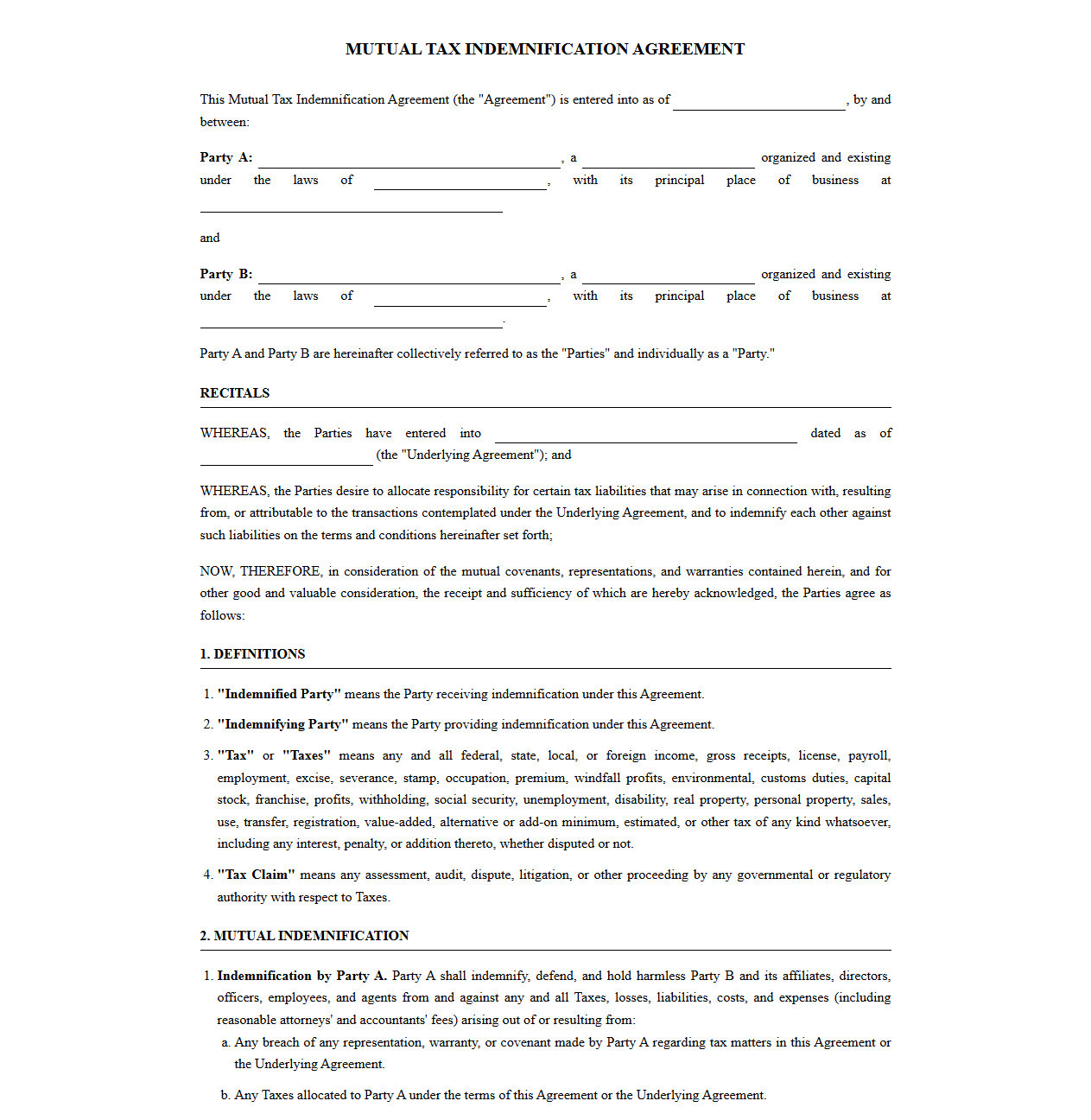 Mutual Tax Indemnification Agreement