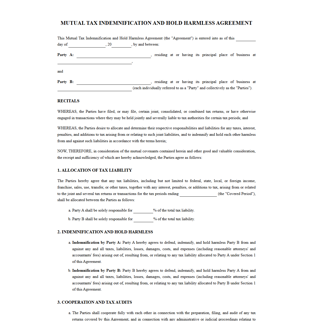 Mutual Tax Indemnification and Hold Harmless Agreement