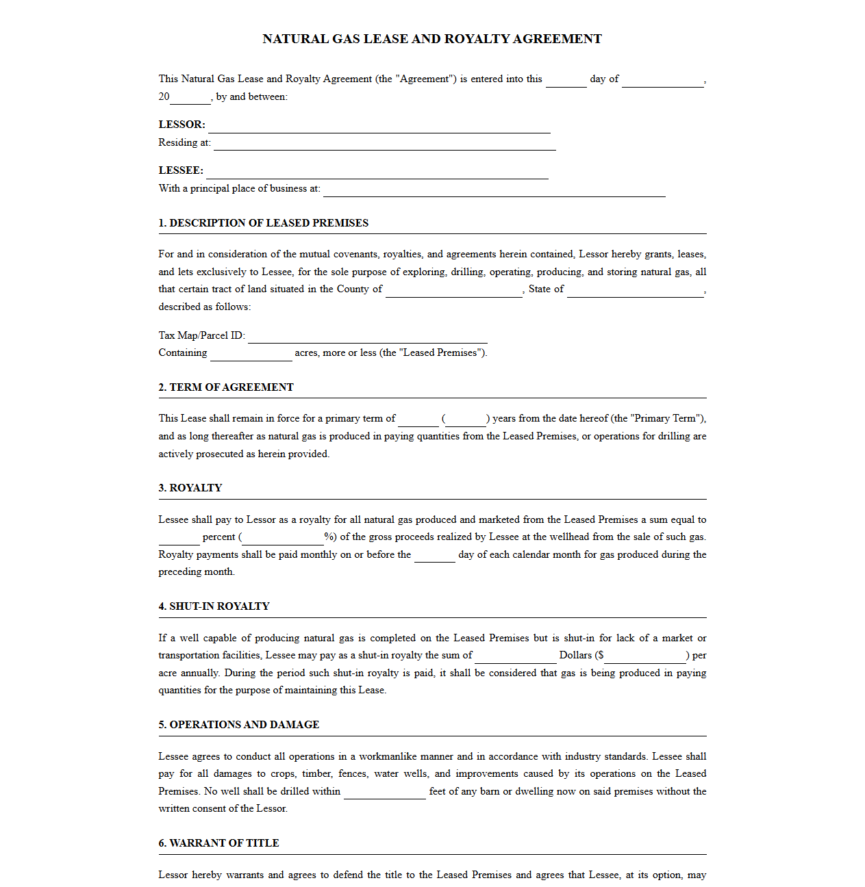 Natural Gas Lease and Royalty Agreement