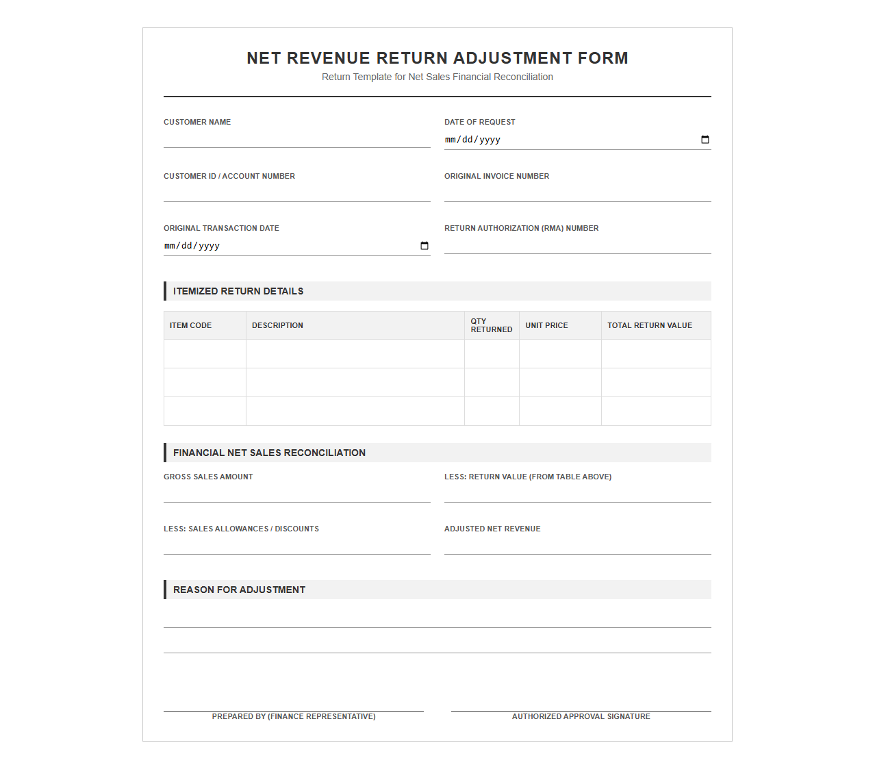 Net Revenue Return Adjustment Form