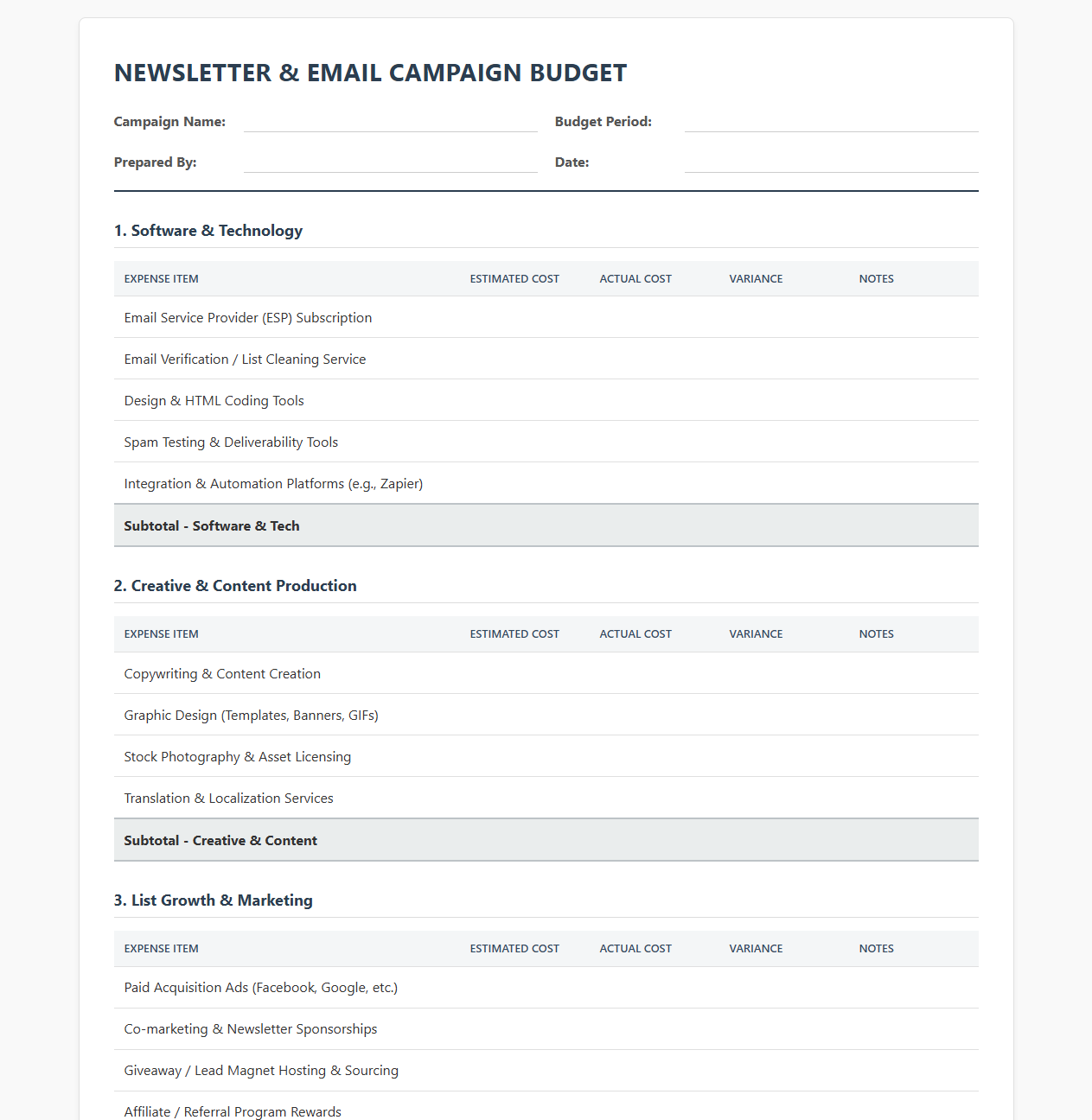 Newsletter and Email Campaign Budget Template