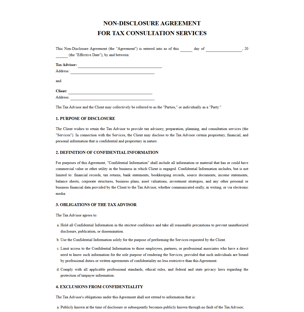Non-Disclosure Agreement for Tax Consultation Services