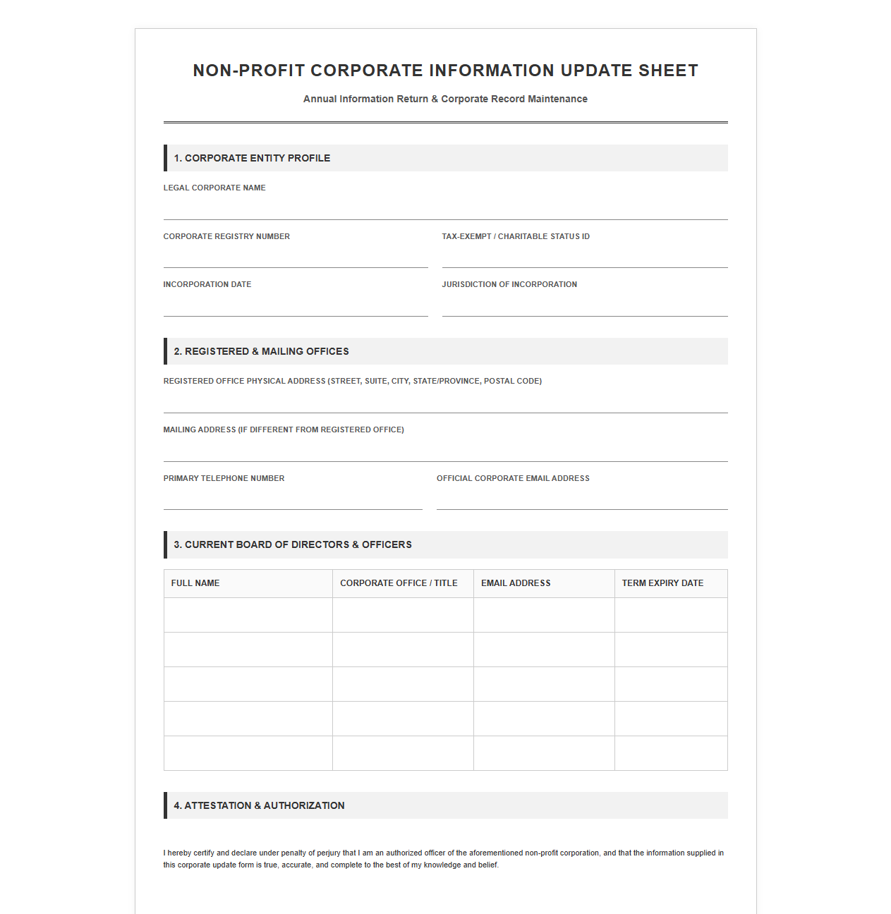 Non-Profit Corporate Information Update Sheet