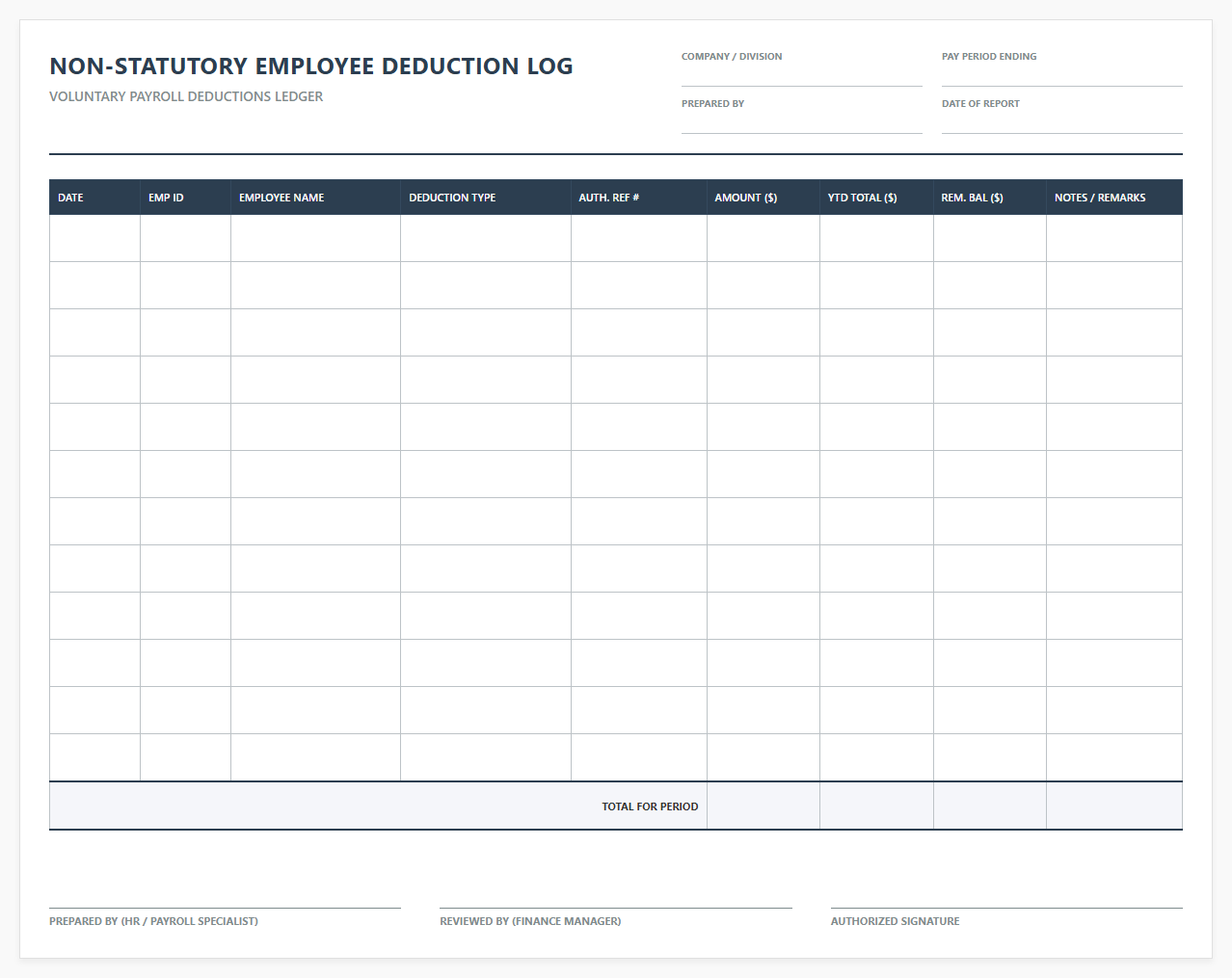 Non-Statutory Employee Deduction Log