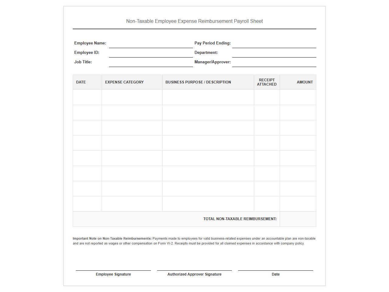 Non-Taxable Employee Expense Reimbursement Payroll Sheet