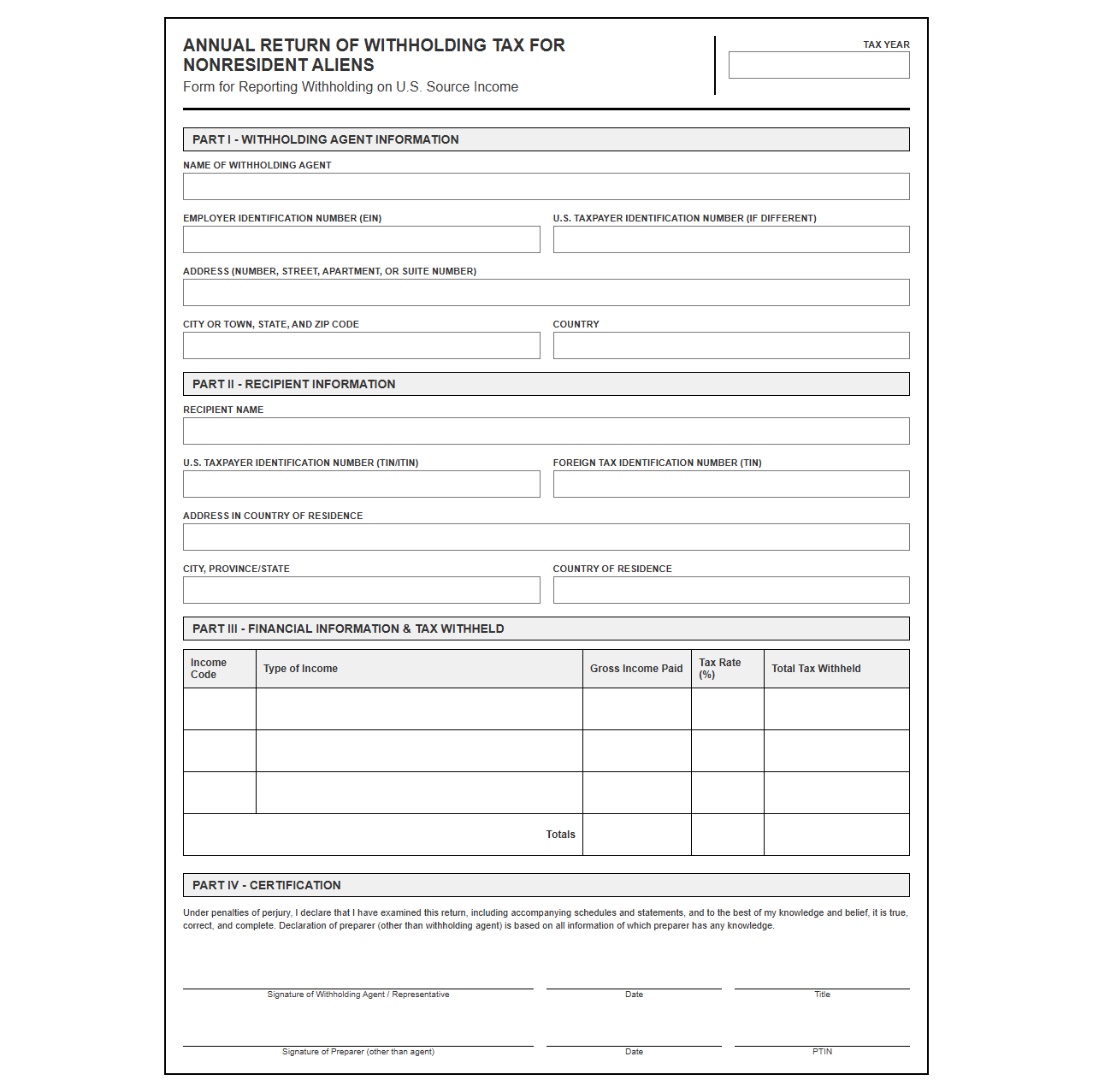 Nonresident Alien Withholding Tax Return Form