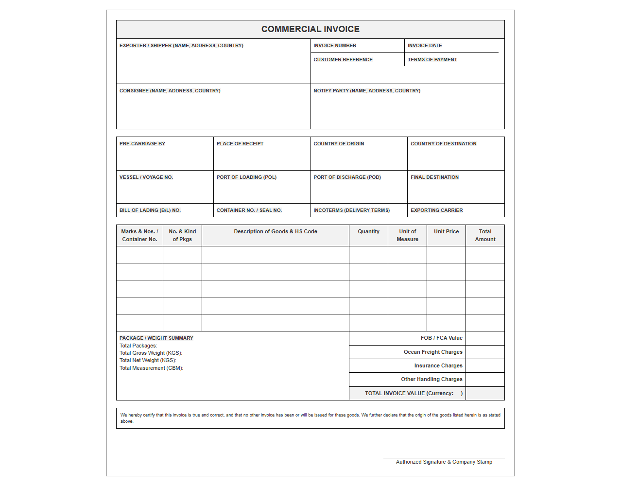 Ocean Freight Commercial Import Invoice Template