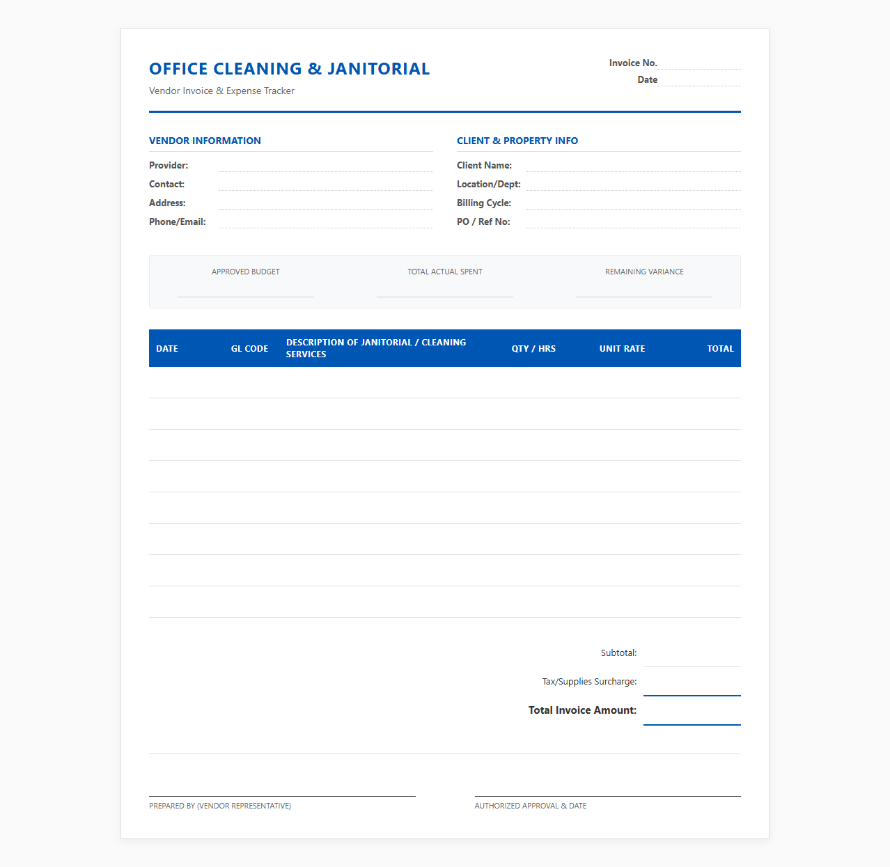 Office Cleaning Vendor Invoice and Expense Tracker