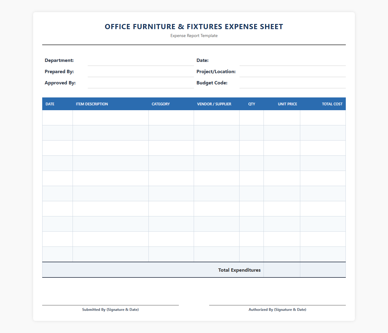 Office Furniture and Fixtures Expense Sheet