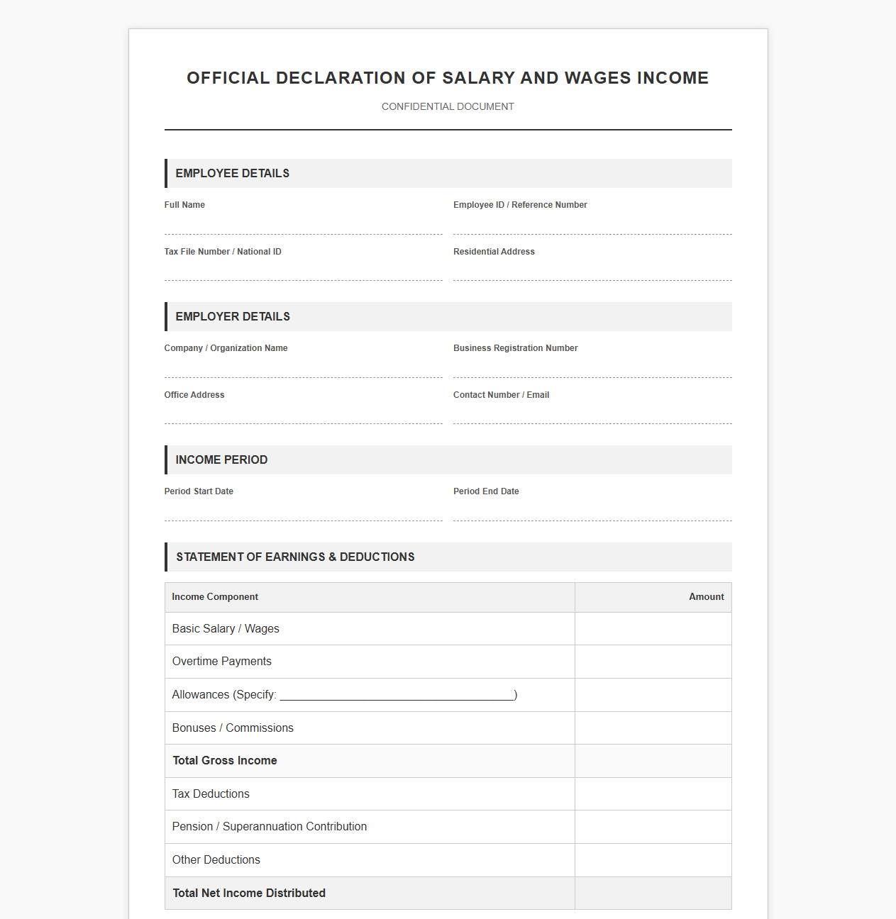 Official Declaration of Salary and Wages Income