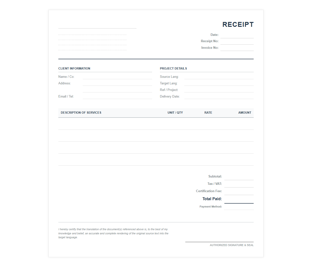 Official Translation Invoice and Receipt Template