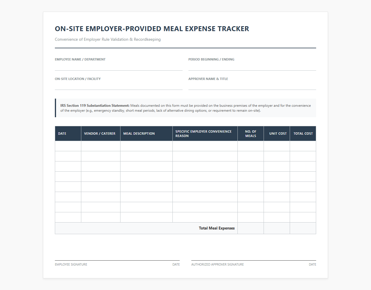 On-Site Employer Provided Meal Expense Tracker