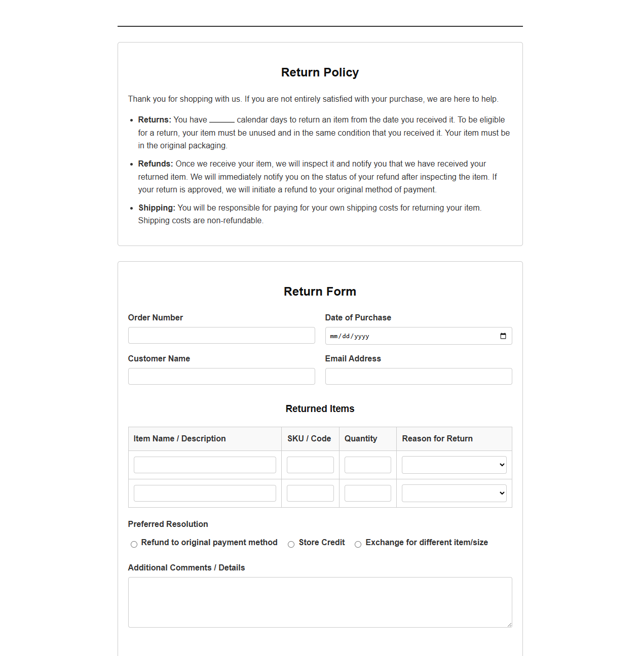 Online Store Product Return Policy and Form Template
