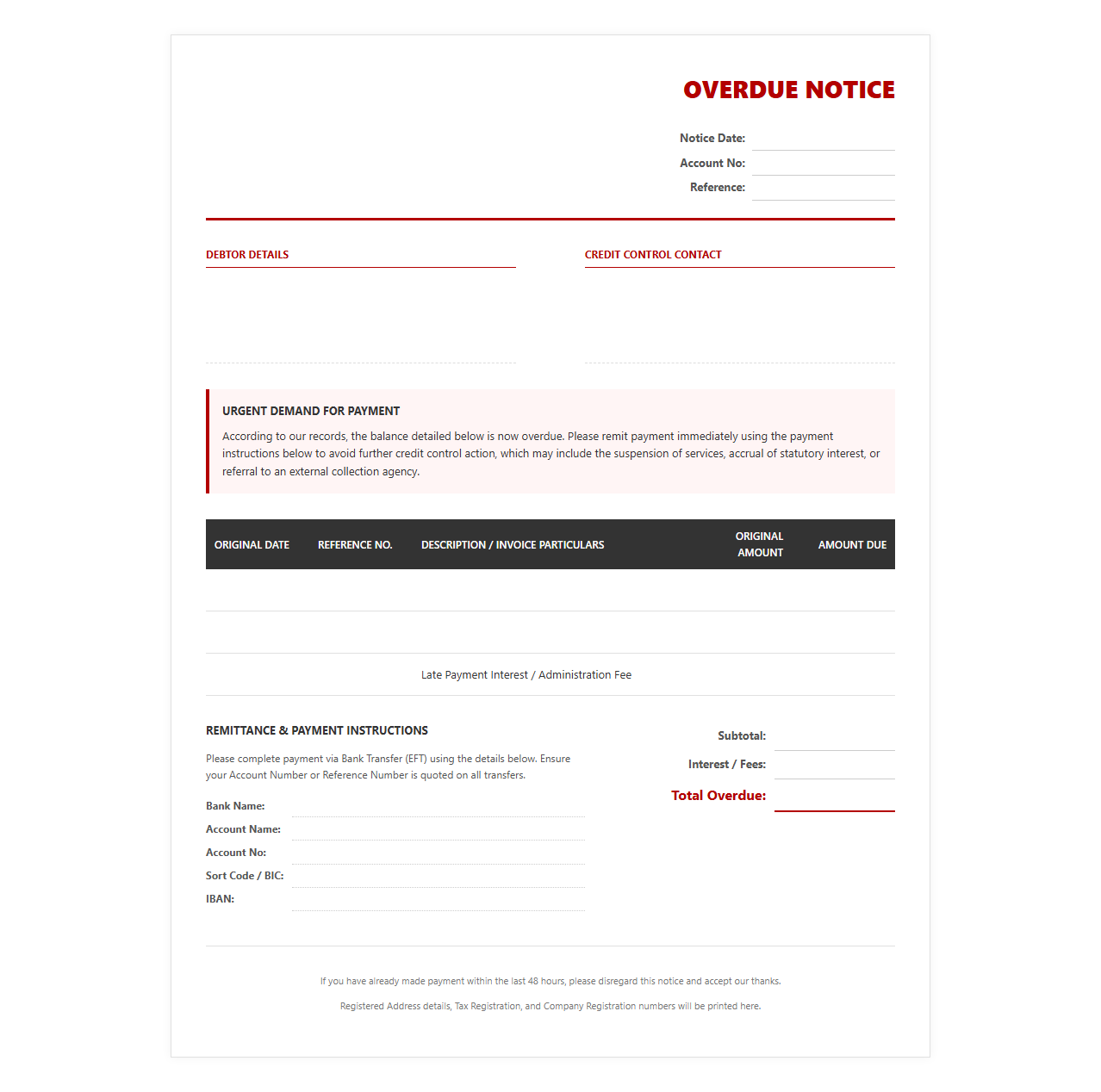 Overdue Payment Credit Control Invoice Template