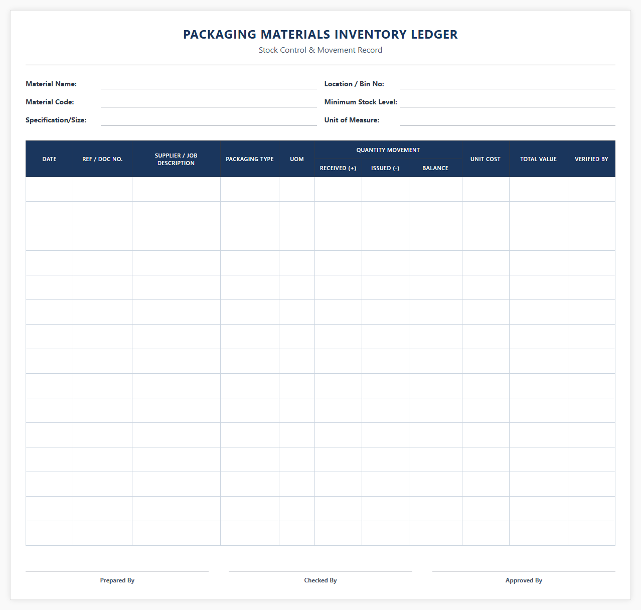 Packaging Materials Inventory Ledger Template