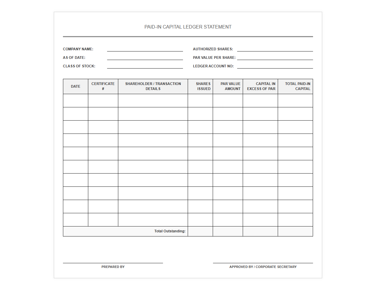 Paid-In Capital Ledger Statement Template